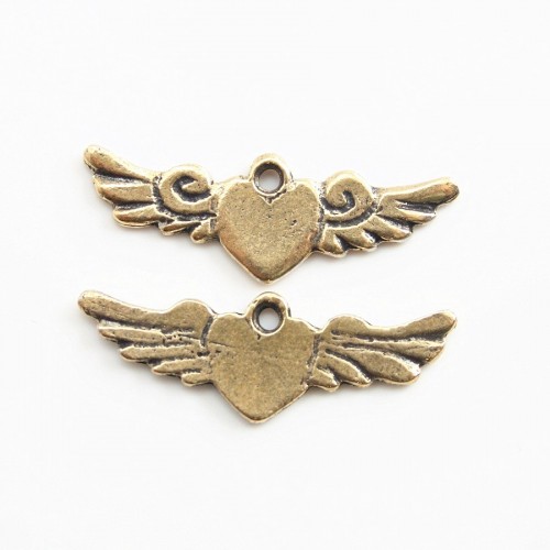 Ciondolo cuore e ali in bronzo 23x8 mm x 2 pezzi