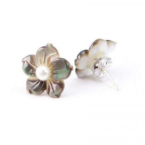 Earrings: grey mother of pearl flower & silver 925 15mm x 2pcs