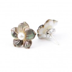 Ohrringe: Graue Perlmuttblüte & 925er Silber 15mm x 2Stk