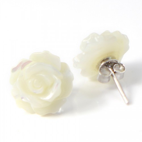 Earrings: white mother of pearl flower & silver 925 12mm x 2pcs