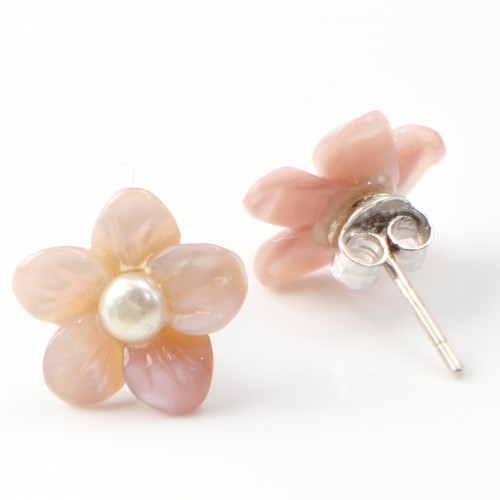 Boucles d'oreilles : nacre rose en fleur & argent 925 12mm x 2pcs 