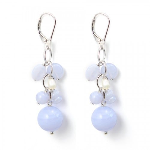 Earring Silver 925 chalcedony & freshwater cultured pearl dormeuse x 2pcs
