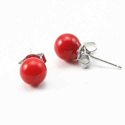 Earrings: red dyed sea bamboo & silver 925 6mm x 2pcs