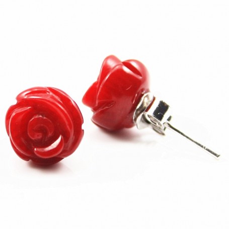 Earring silver 925 Red Tinted Bamboo Sea Flower 9mm x 2pcs 