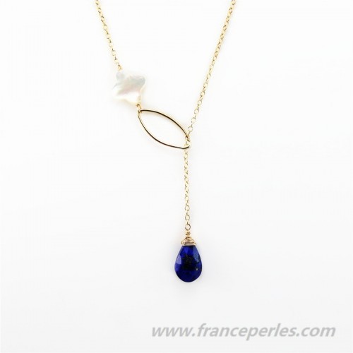 Necklace lapis lazuli and white shell gold filled 14 carats