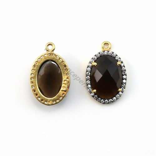 Faceted oval smoky quartz set in gold-plated silver with zirconium 13x17mm x 1pc