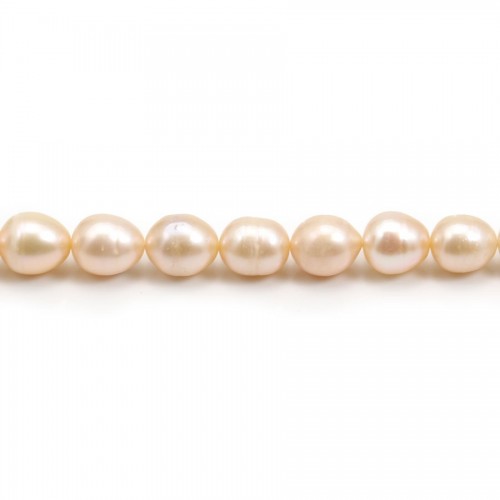 Salmon freshwater cultured pearl, olive shape 8-9mm x 39cm