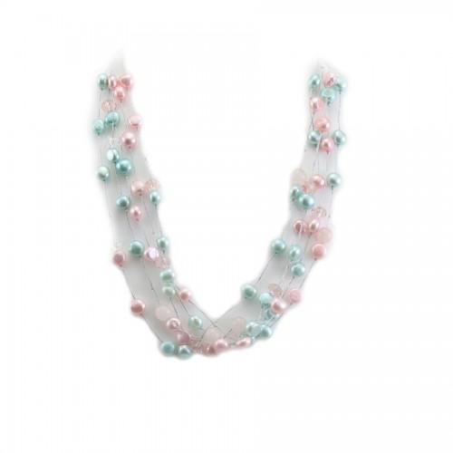 Halskette Süßwasserzuchtperle multicolor & Rosenquarz 5-reihig