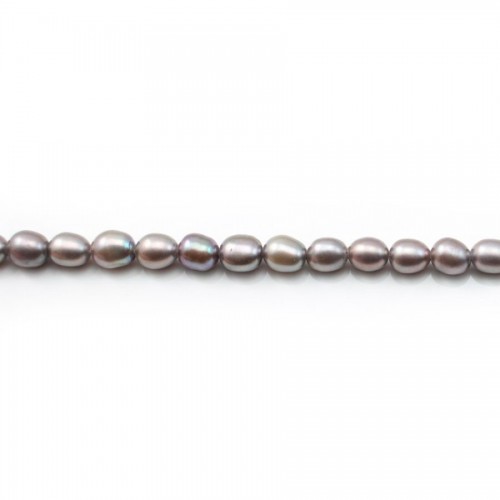 Perles d'eau douce ovales gris argenté sur fil 4.5-5mm x 36cm