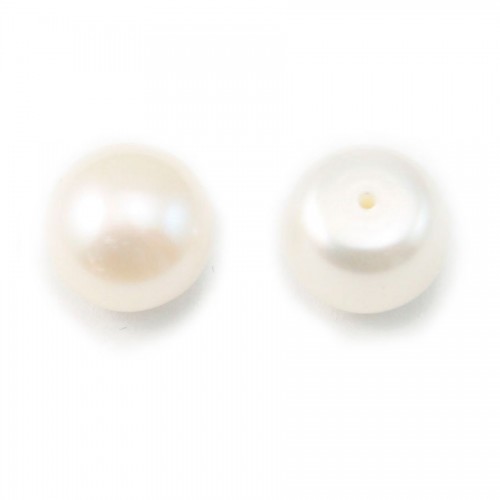 Perla cultivada de agua dulce, semiperforada, blanca, botón, 11-11.5mm x 1pc