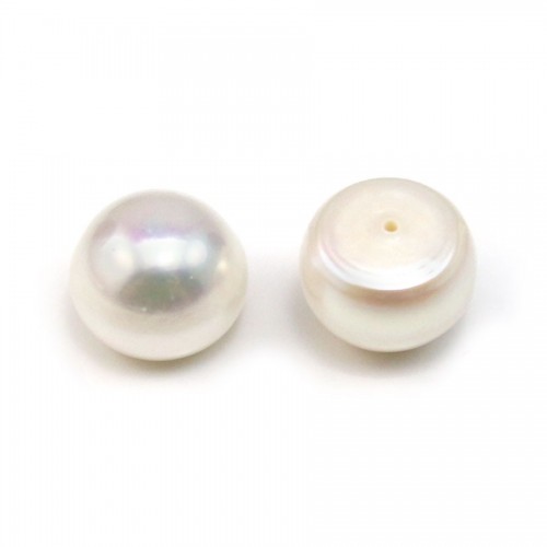 White half-drilled flattened round freshwater cultured pearl 12-13mm x 2pcs