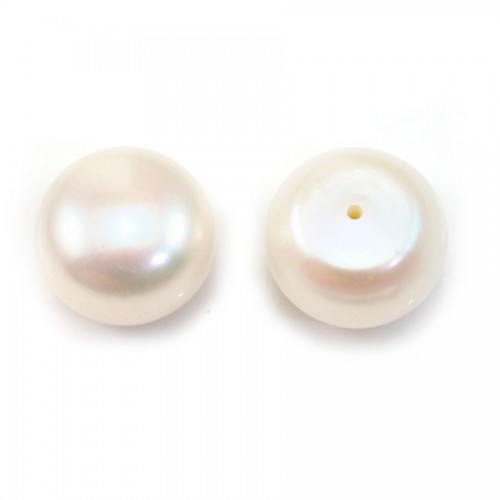 Perla cultivada de agua dulce, semiperforada, blanca, botón, 13-14mm x 1pc