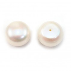 Perle de culture d'eau douce, semi-percée, blanche, bouton, 13-14mm x 1pc