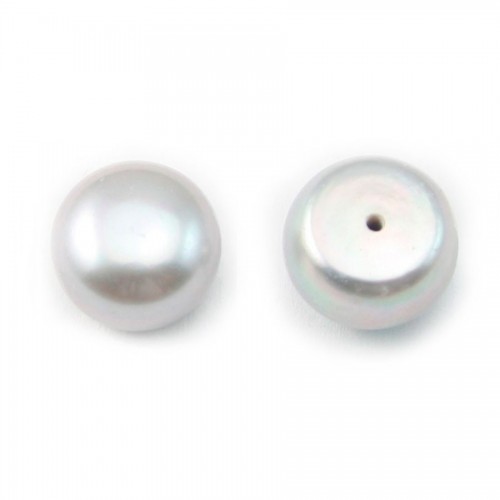 Perla cultivada de agua dulce, semiperforada, plata, botón, 12-13mm x 1pc