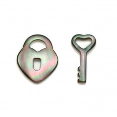 Grey mother-of-pearl padlock shape, 15x12mm, and key, 14x7mm, set of 2pcs