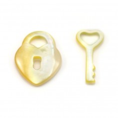 Yellow mother of pearl padlock shape, 15x12mm and key, 14x7mm lot of 2pcs