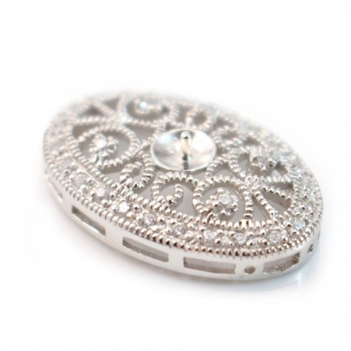 Ovale Spange aus rhodiniertem 925er Silber & Strass für halbdurchbohrte Perle 23.7x15.6mm x 1Stk