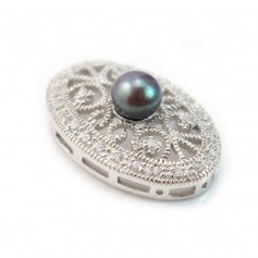 Argento 925 Rodio e strass Barra ovale di perle semi-perforate 23,7x15,6 mm x 1 pezzo