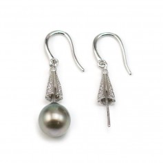 Rhodium 925 silver earwires with rhinestones for half-drilled pearls 27mm x 2pcs