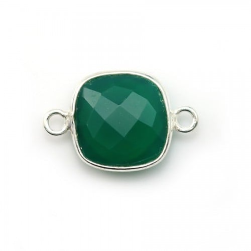 Faceted cushion cut green agate 2 rings set in 925 sterling silver 11mm x 1pc