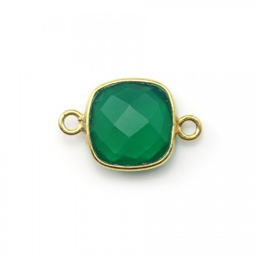 Ágata cojín verde facetada 2 anillos engastados en plata dorada 11mm x 1pc