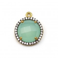 Faceted round blue chalcedony set in silver gold-plated with zirconium 15mm x 1pc