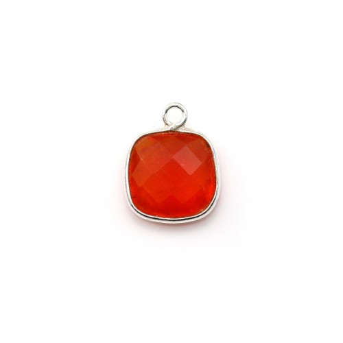 Faceted cushion cut carnelian set in silver 11mm x 1pc