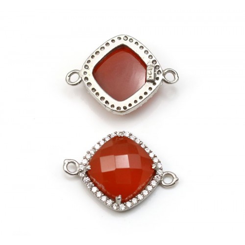 Faceted rhombus carnelian set in silver with zirconium 15mm x 1pc