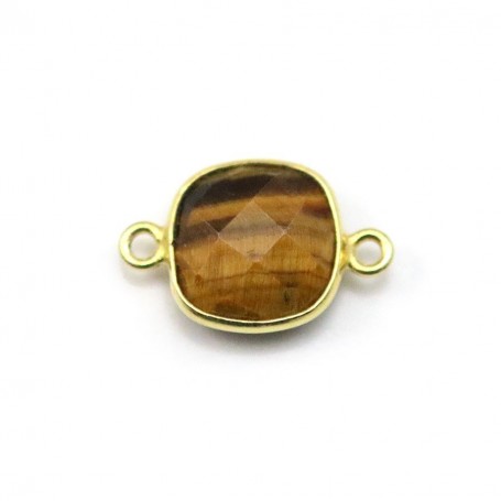 Oeil de tigre de forme carré, 2 anneaux, serti sur argent 925 doré à l'or fin, 11mm x 1pc