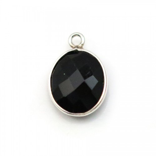 Ágata negra ovalada, 1 anillo, engastado en plata, 11x13mm x 1pc