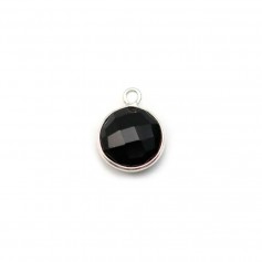 Black Agate in round shape, 1 ring, set in silver, 9mm, x 1pc