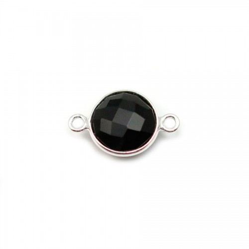 Agate noir de forme ronde, 2 anneaux sertie en argent 9mm x 1pc