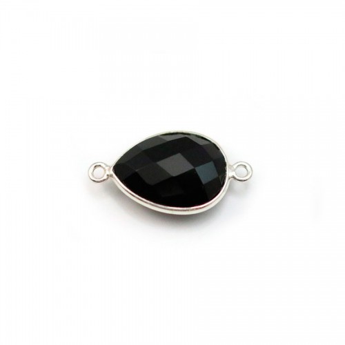 Agate noir en forme de goutte, 2 anneaux, sertie en argent , 11x15mm x 1pc