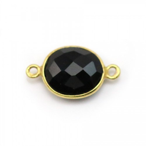Ágata negra ovalada, 2 anillos, engastada en plata dorada, 11x13mm x 1pc