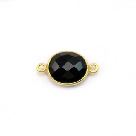 Agate noir de forme ovale, 2 anneaux, sertie en argent doré, 9x11mm x 1pc