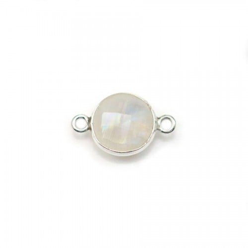 Pierre de lune ronde, 2 anneaux, sertie sur argent, 9mm x 1pc
