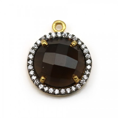 Faceted round smoky quartz set in silver gold-plated with zirconium 15mm x 1pc