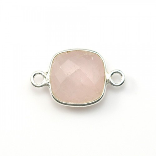 Conjunto de almofada de quartzo rosa sobre prata 2 anéis 11mm x 1pc