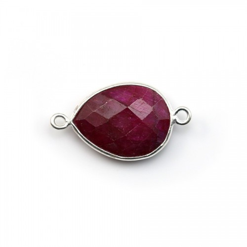 Treated stone with 2 rings ruby color set on silver drop faceted 13x17mm x 1pc