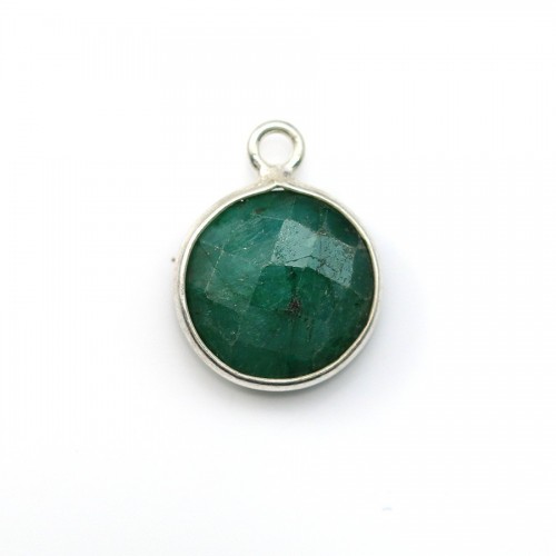 Faceted round treated emerald colored gemstone set in silver 11mm x 1pc