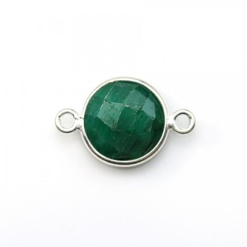 Emerald color treated stone set on silver round faceted 2 rings 11mm x 1pc