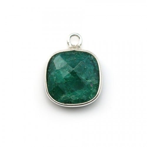 Faceted cushion treated emerald-green gemstone set in silver 11mm x 1pc