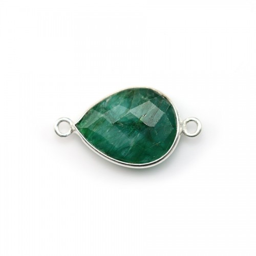 Emerald color stone set on silver drop facet with 2 rings 13x17mm x 1pc