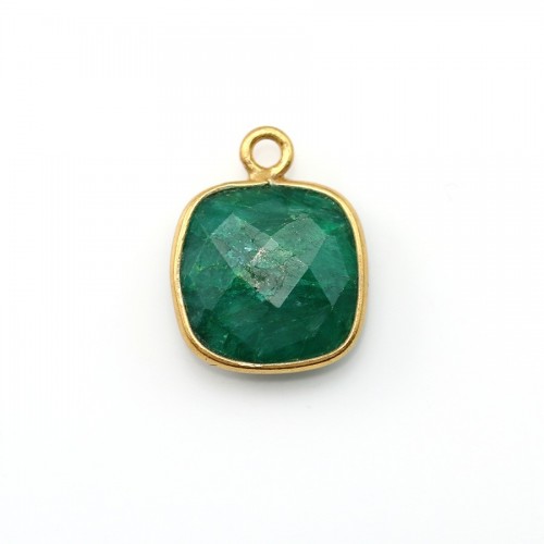 Cushion cut treated green gemstone set in gold-plated silver faceted 11mm x 1pc