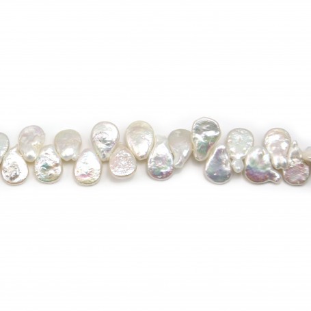 Pinkish flat drop-shape keshi pearl on thread 14mm x 40cm