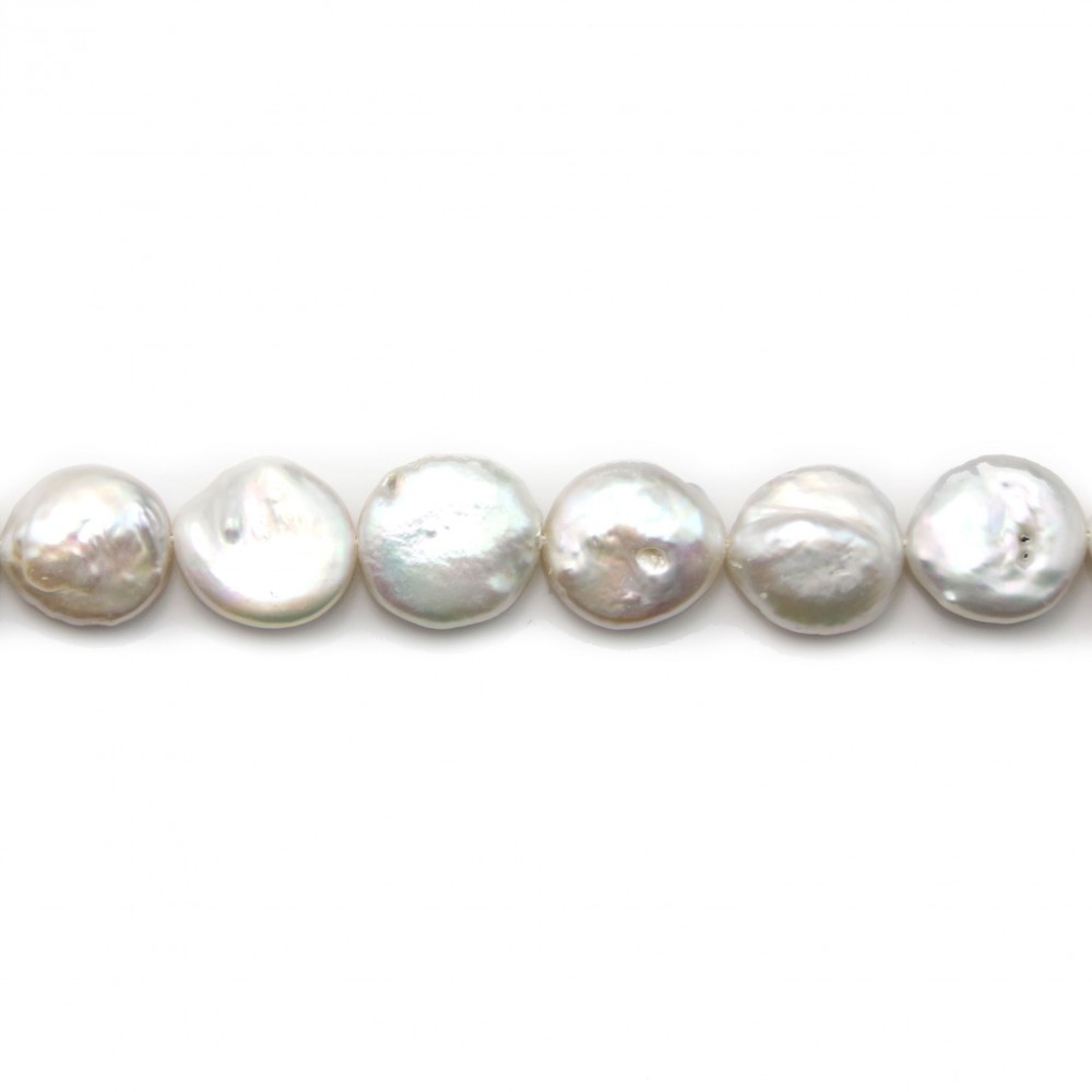 Perles de culture d'eau douce, blanche, ronde plate 12-13mm x40cm