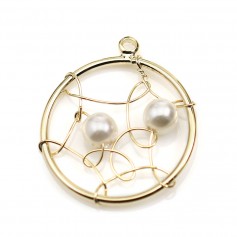 18mm round charm plated by "flash "gold on brass, with pearly beads x 1pc
