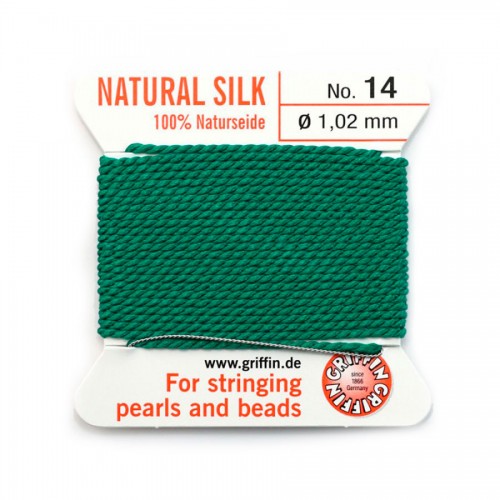 Silk bead cord 0.8mm with needle attached green x 2m