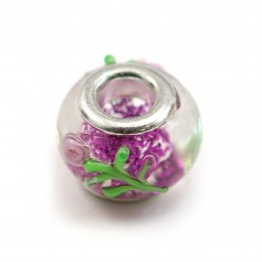 Perle Pandora en verre, rempli de paillettes rose 14mm x 1pc