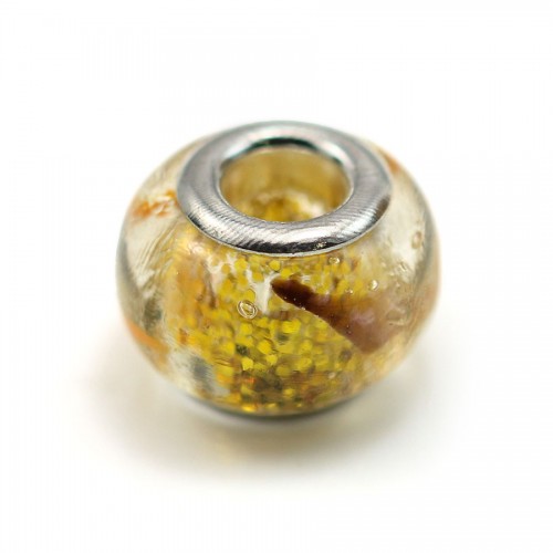 Conta de Pandora de vidro com desenho de flor amarela 14mm x 1pc